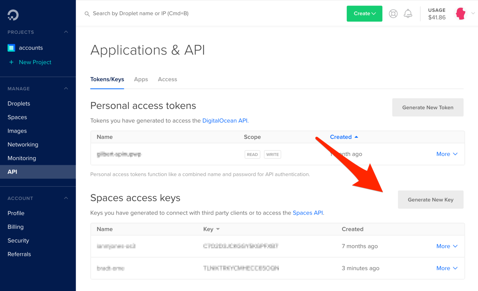 Generate new key button in DigitalOcean Spaces