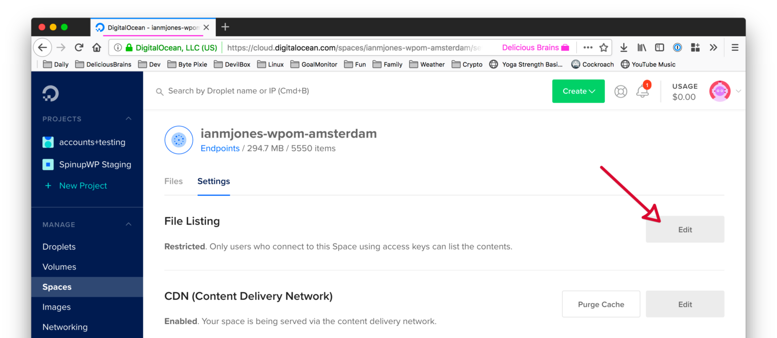 DigitalOcean Edit File Listing
