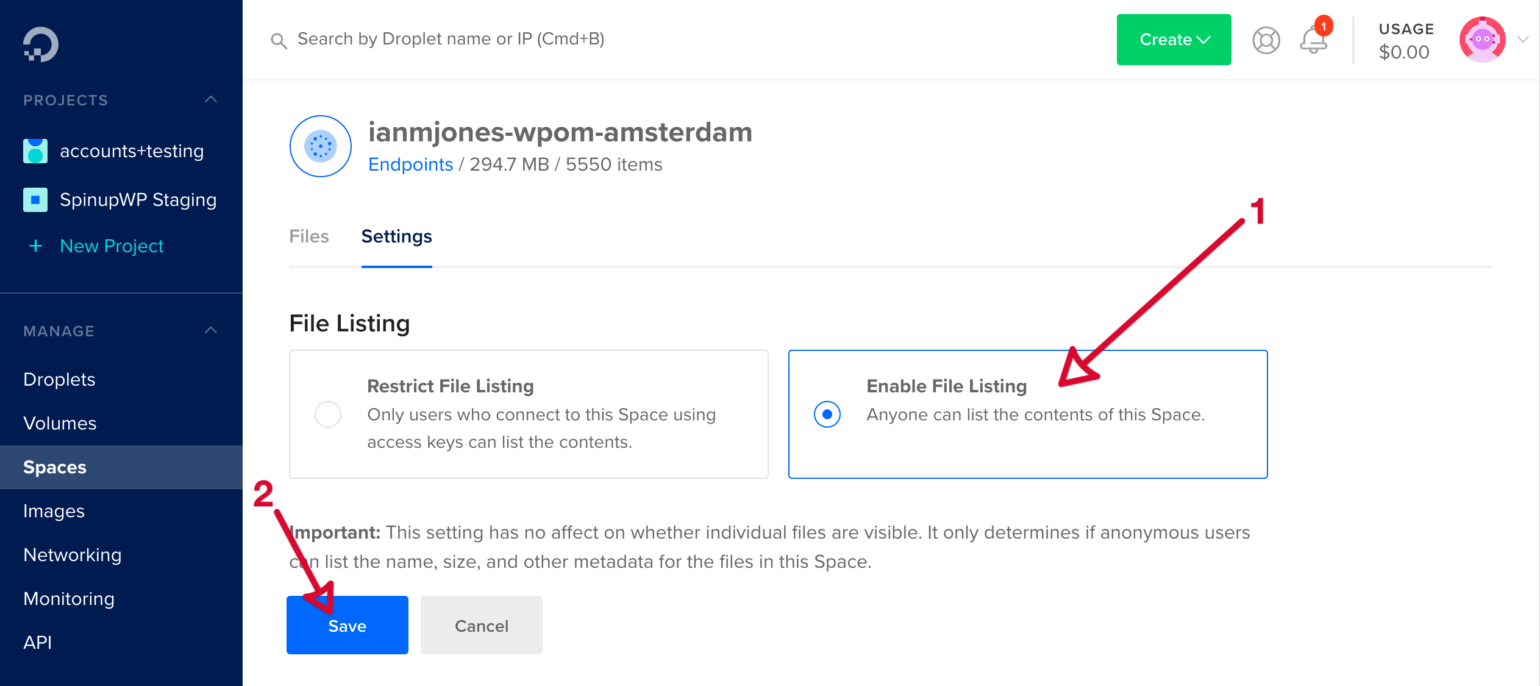 DigitalOcean - Enable File Listing