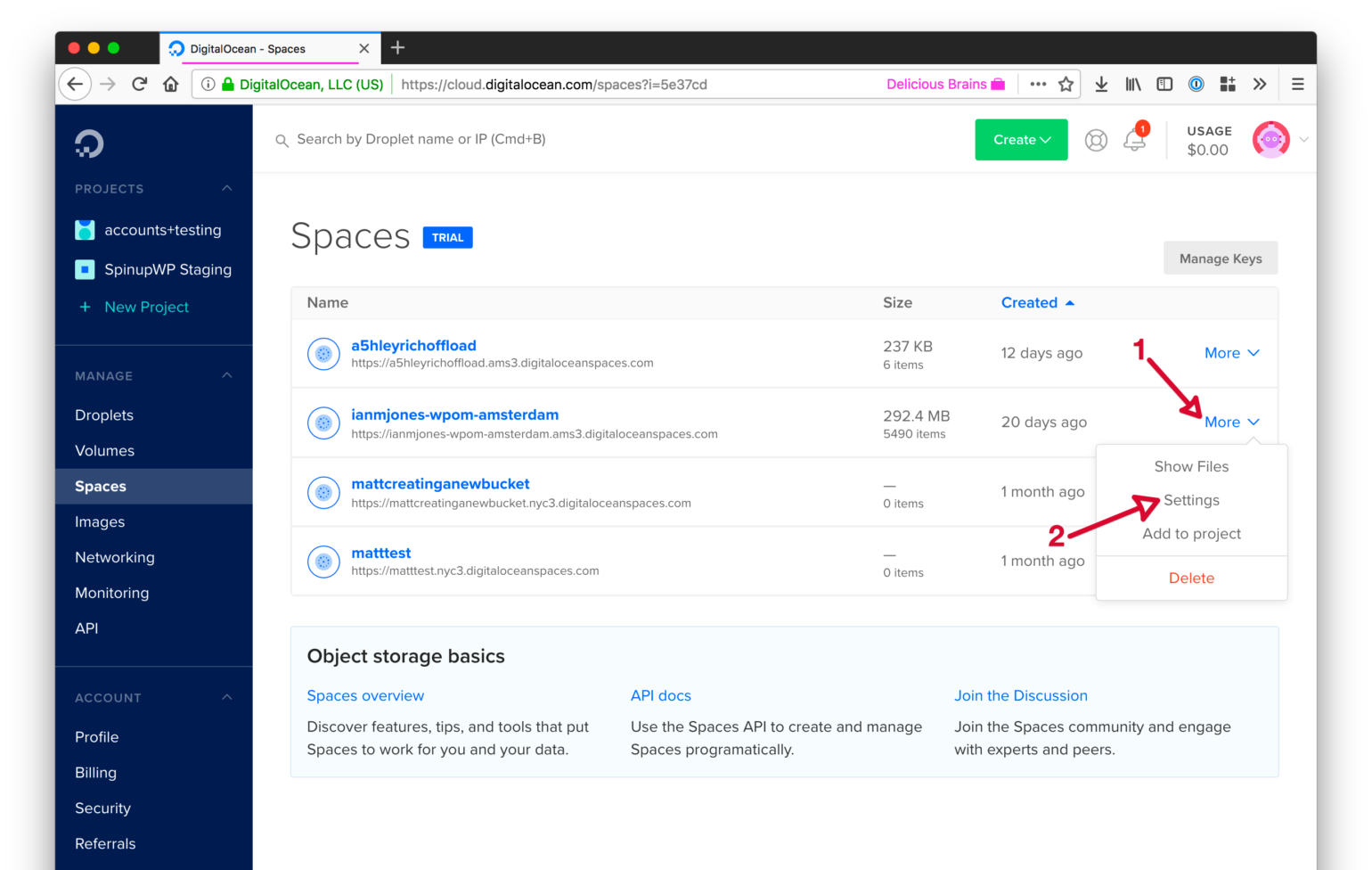 DigitalOcean - Spaces - Bucket Settings