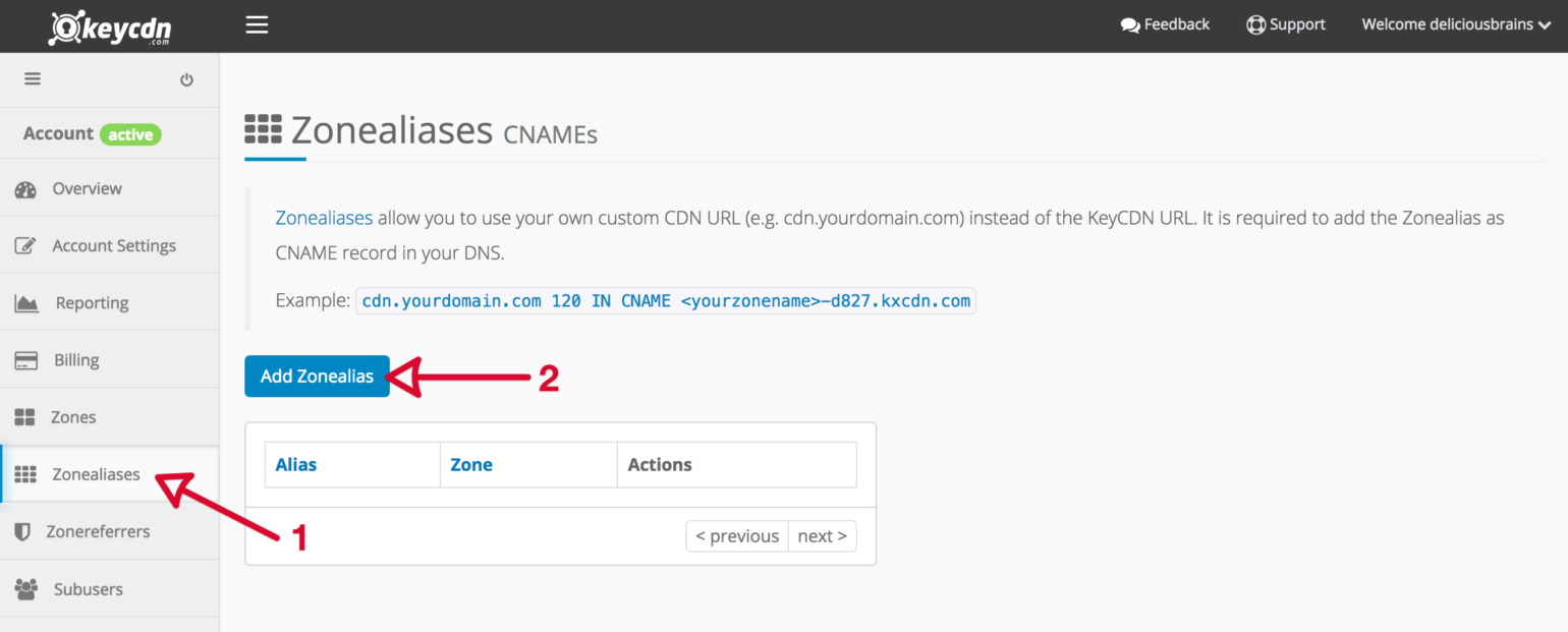 KeyCDN Add Zonealias