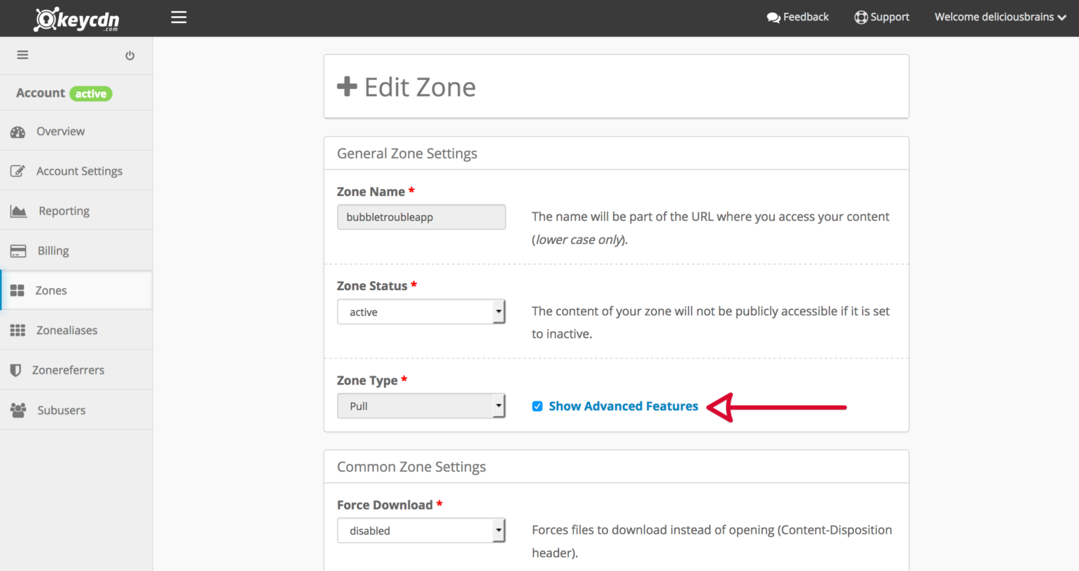 KeyCDN Zone Show Advanced