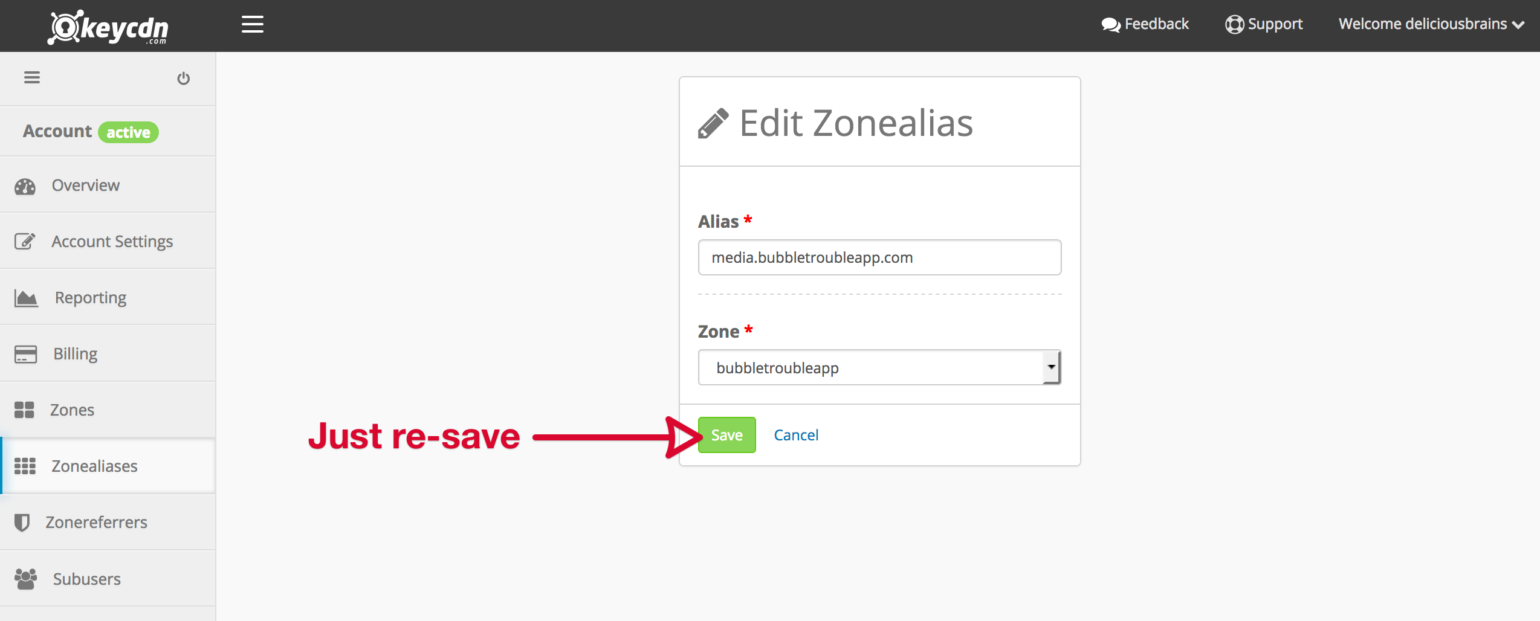 KeyCDN Re-save Zonealias