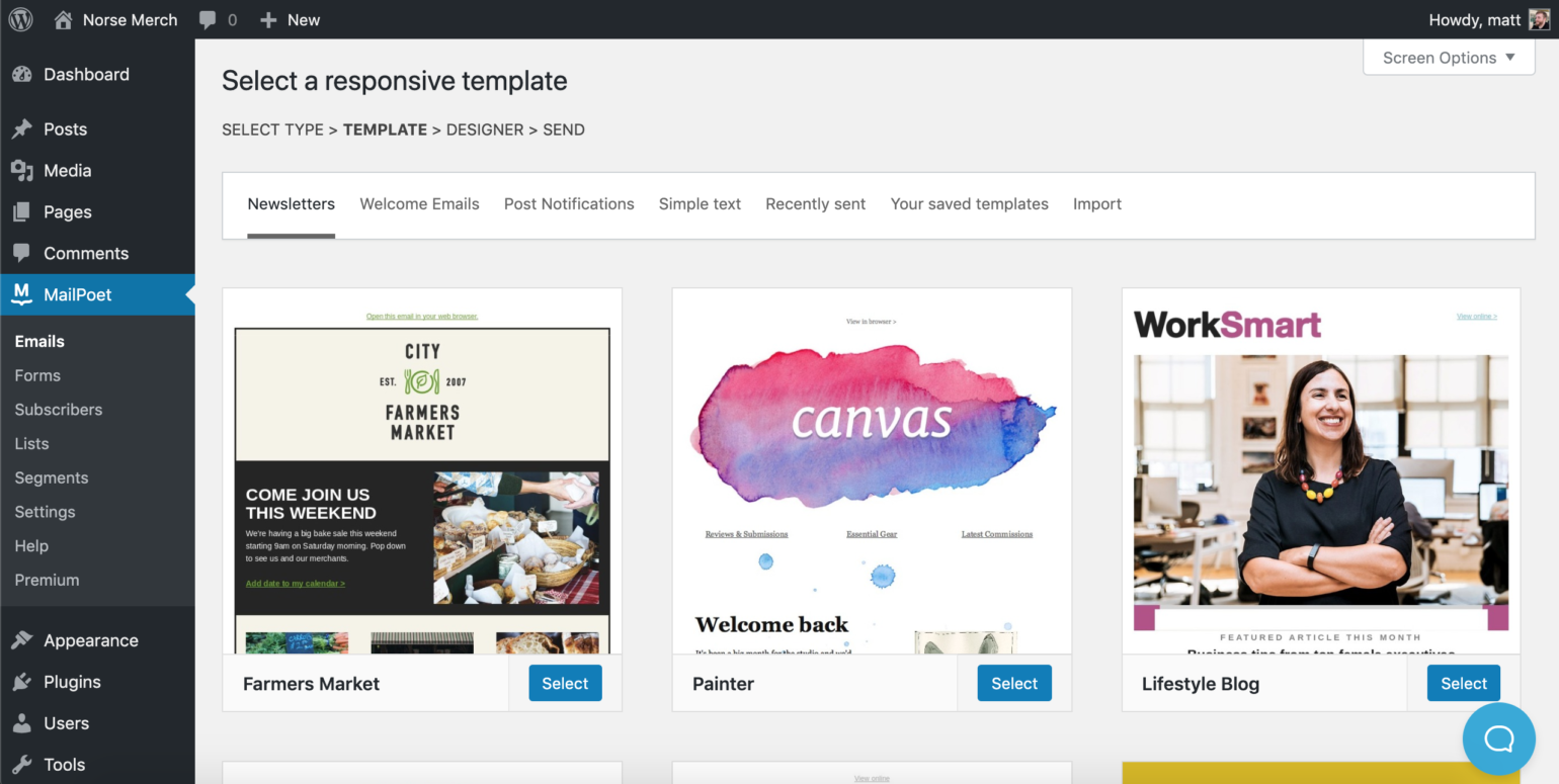 MailPoet template selection page