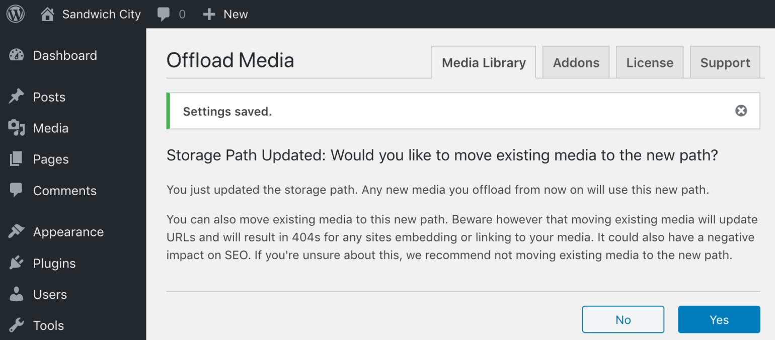 WP Offload Media showing storage path changed prompt