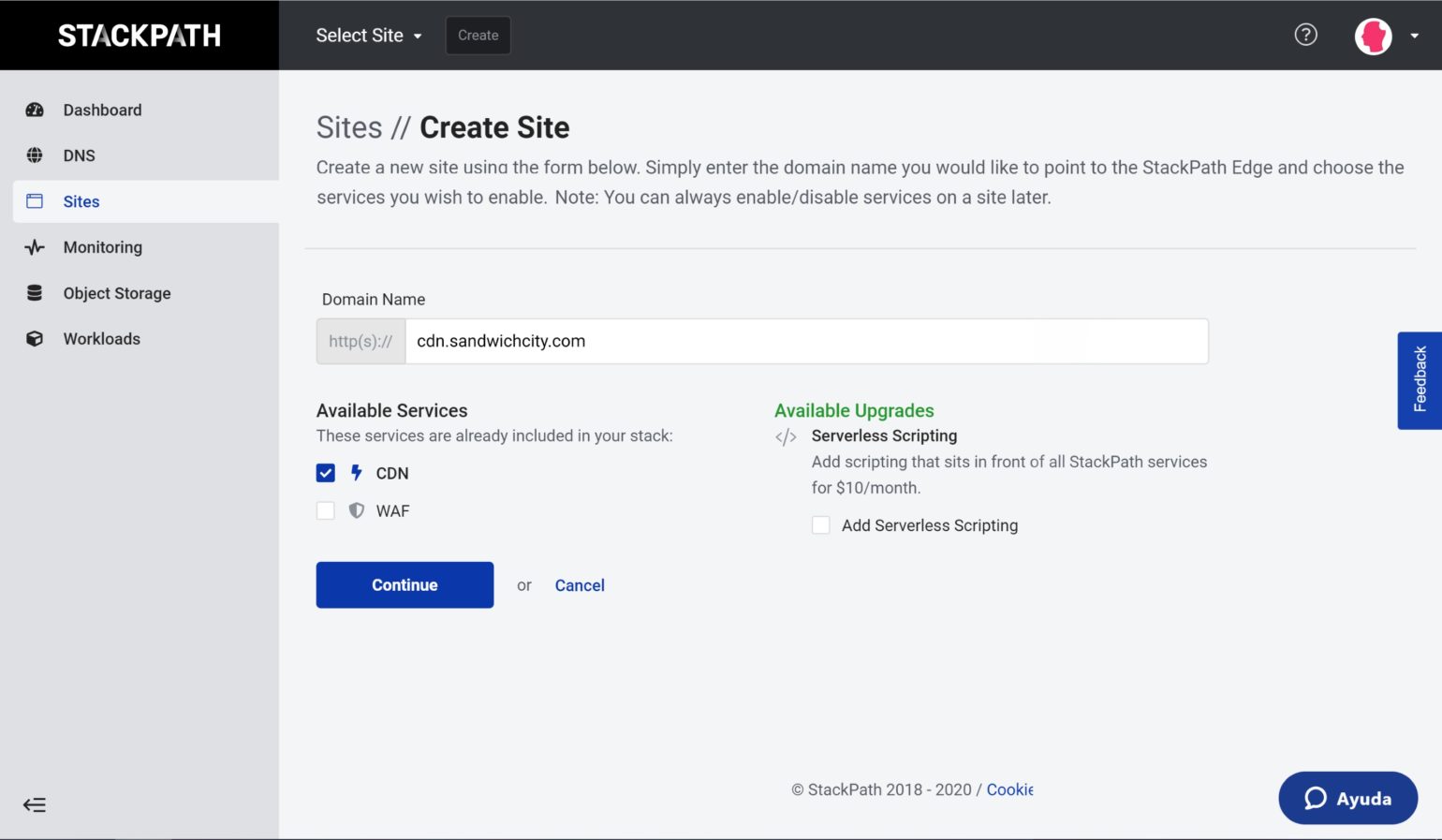 StackPath setup - Create site