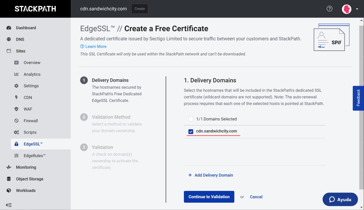 StackPath setup - EdgeSSL delivery domain