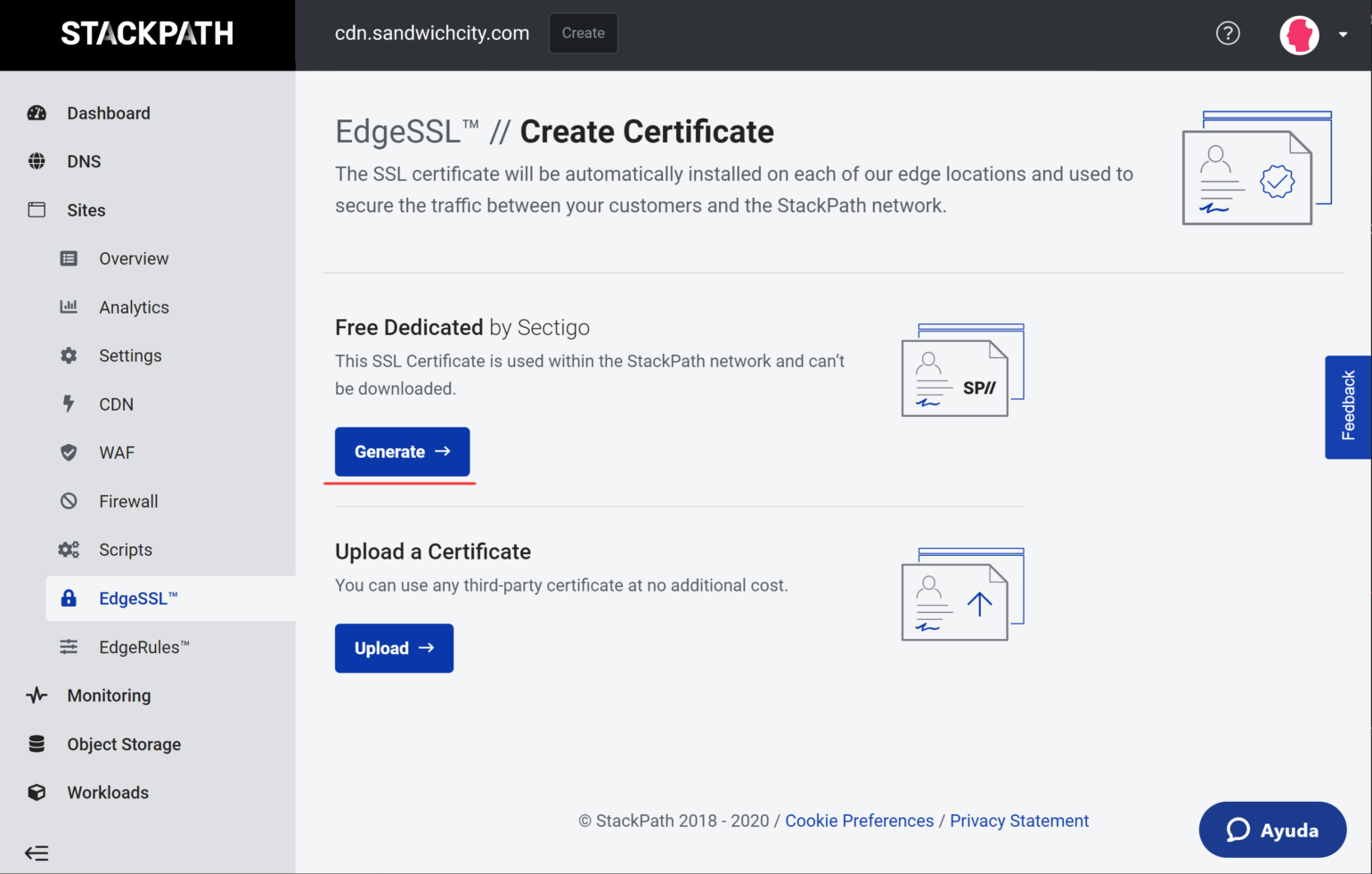 StackPath setup - EdgeSSL generate free certificate
