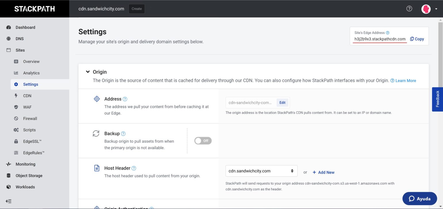 StackPath setup - Site settings