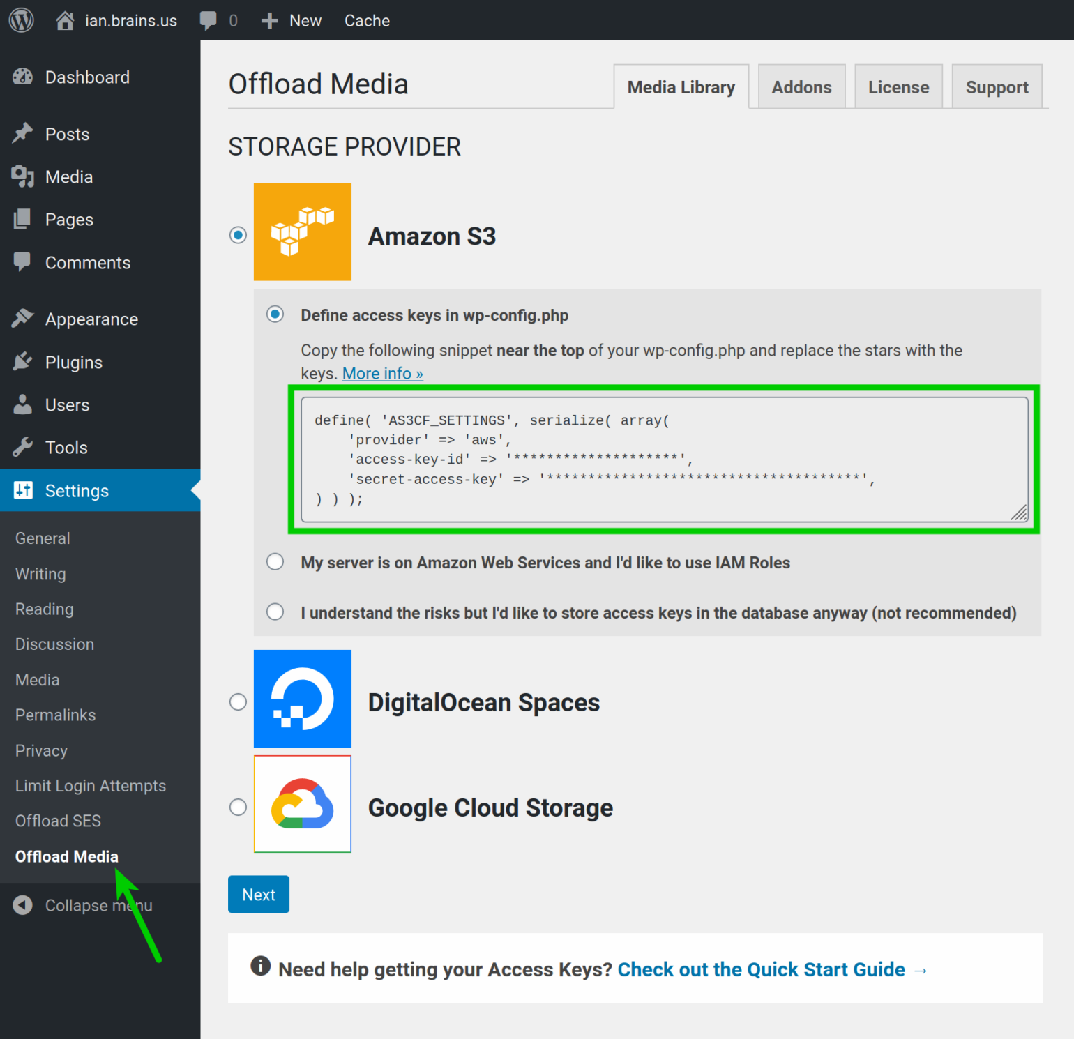Choose Amazon S3 from WP Offload Media's settings page to use Wasabi