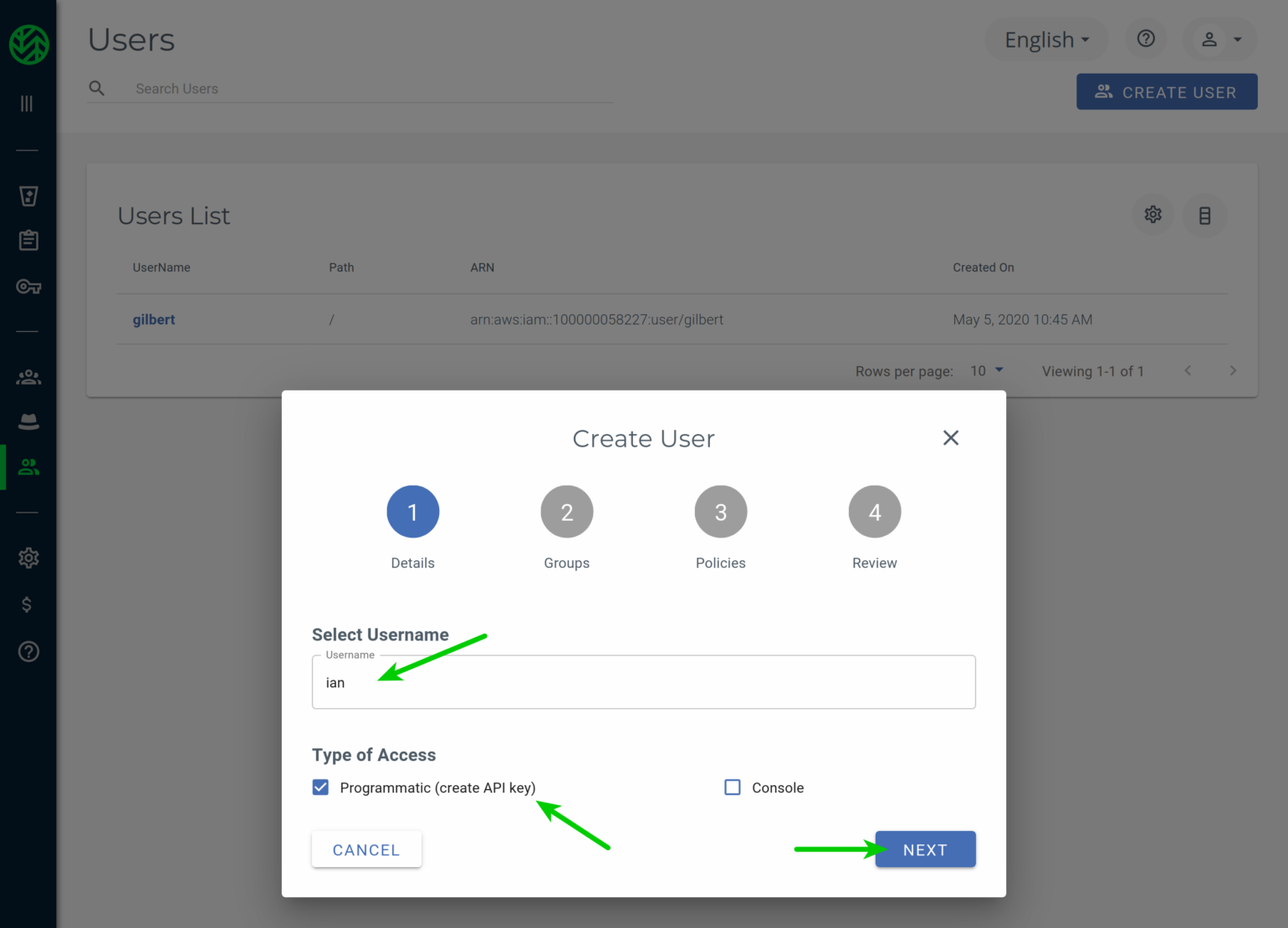 Enter new user name and select Programmatic Access Type in Wasabi Console