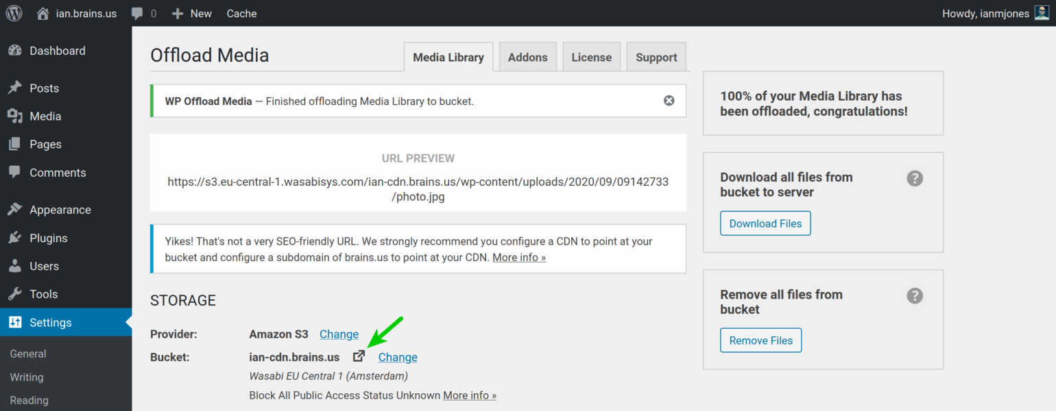 Media Library offloaded to Wasabi