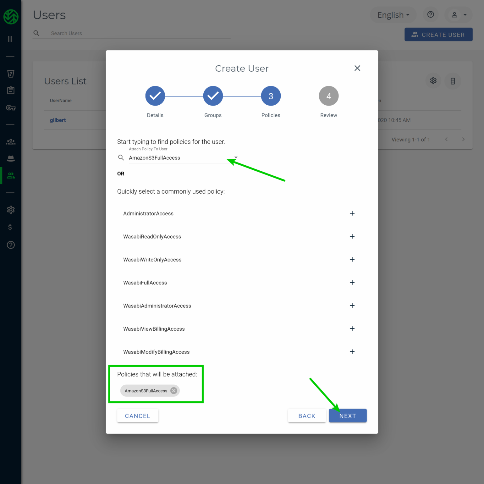 Select the AmazonS3FullAccess policy in Wasabi Console