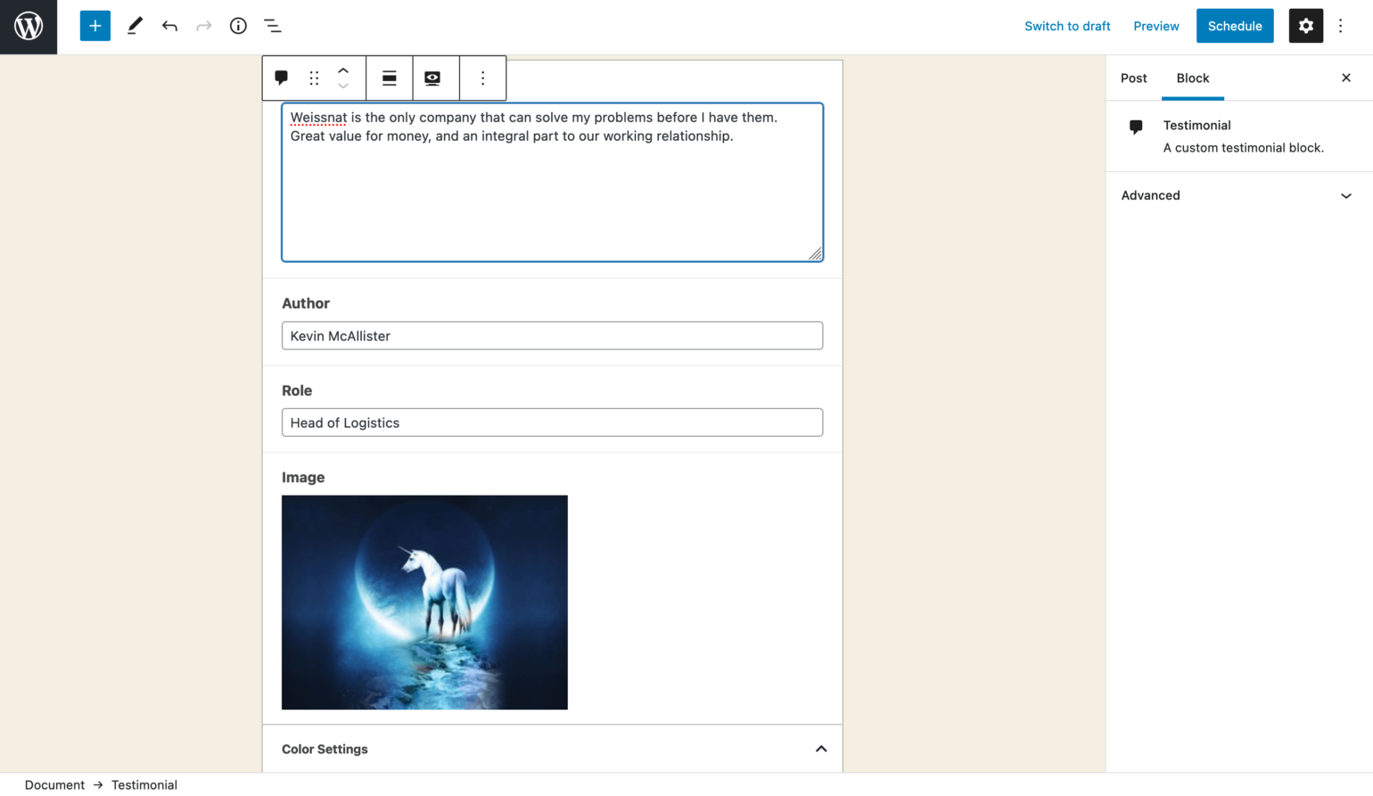 A Testimonial Block displayed in the WordPress Block Editor