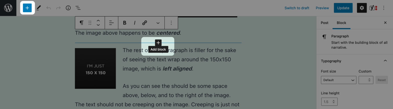 The Add Block options in the Block Editor