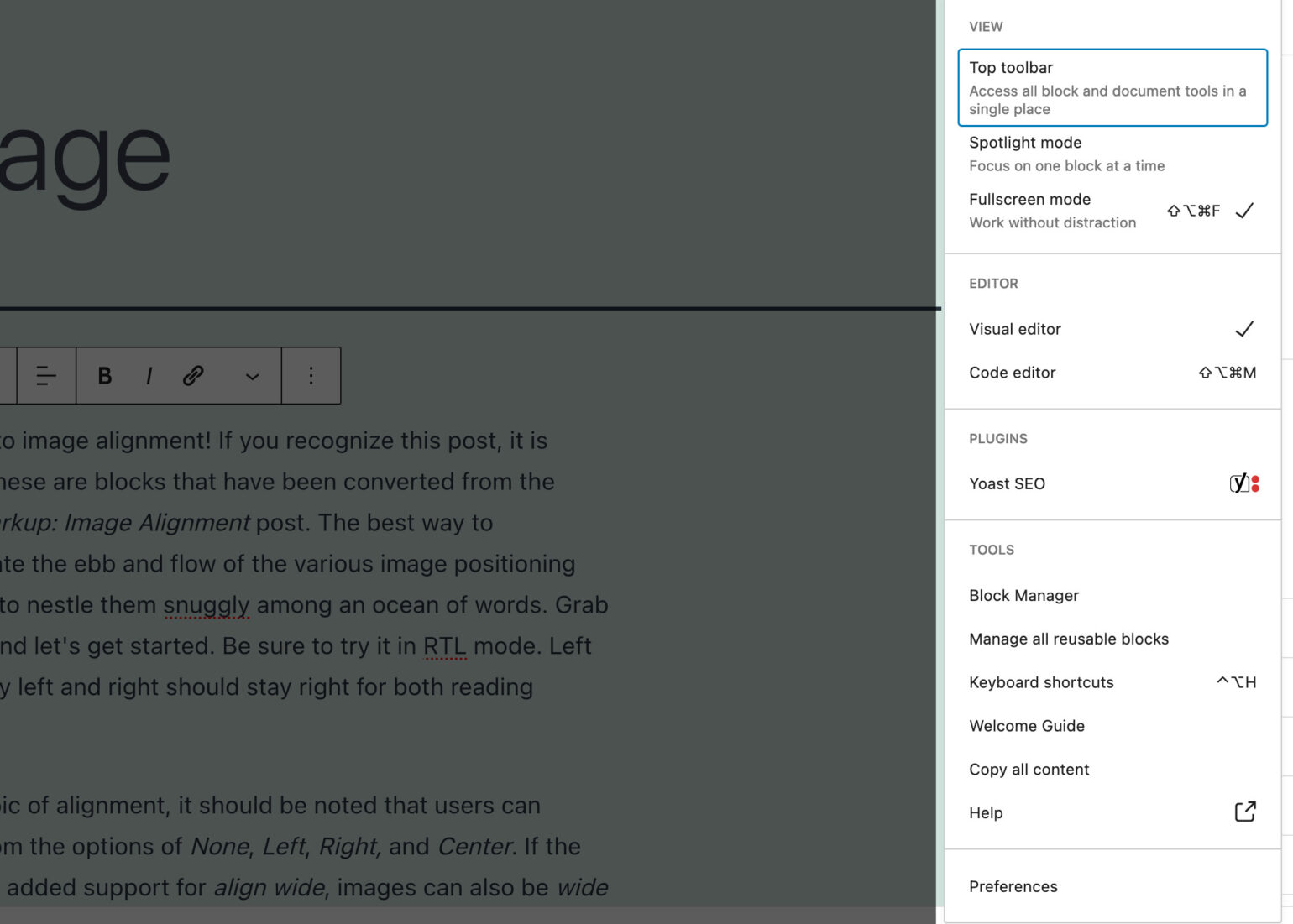 The Block Editor Settings menus