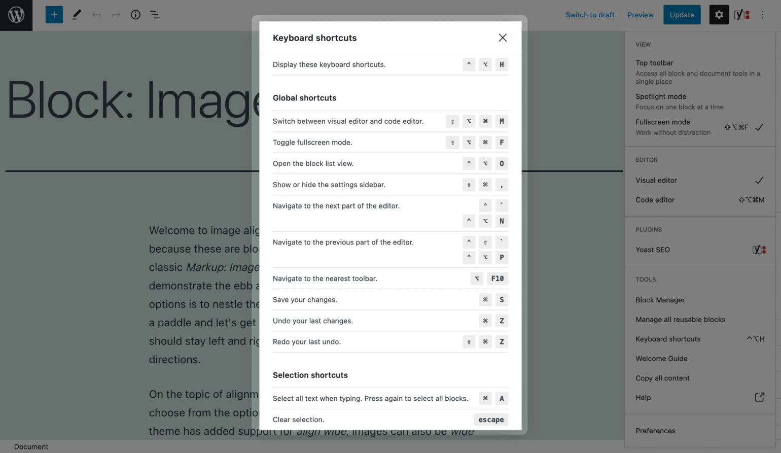 A list of keyboard shortcuts for the Block Editor