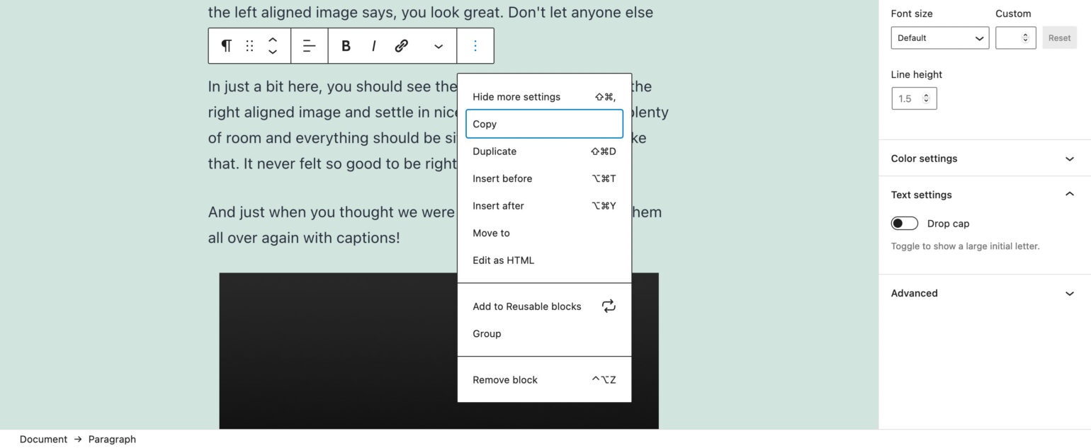 More options within a Block’s toolbar