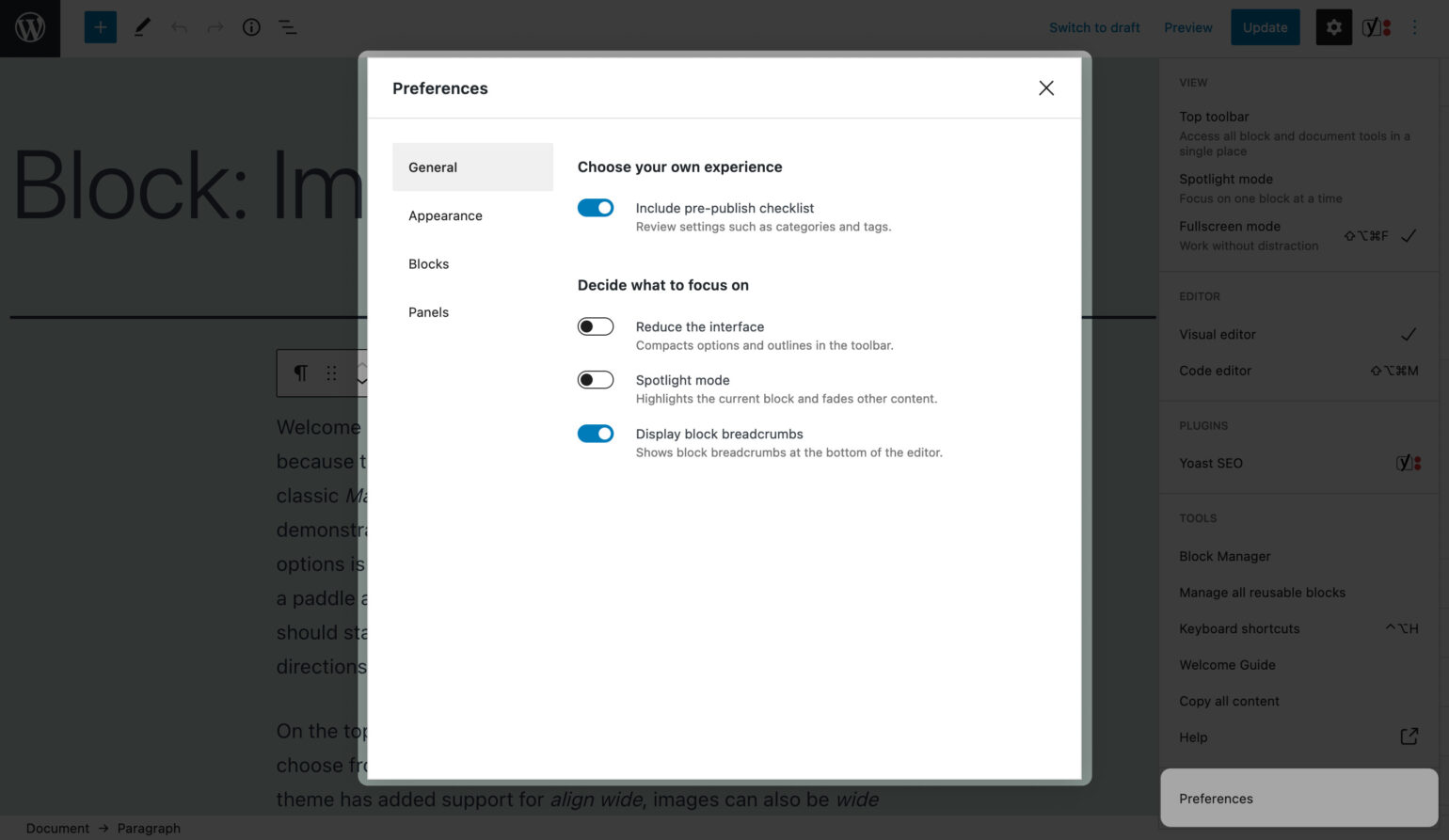 The Block Editor’s Preferences menu