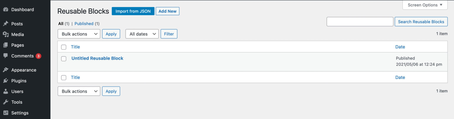 The Reusable Blocks admin page
