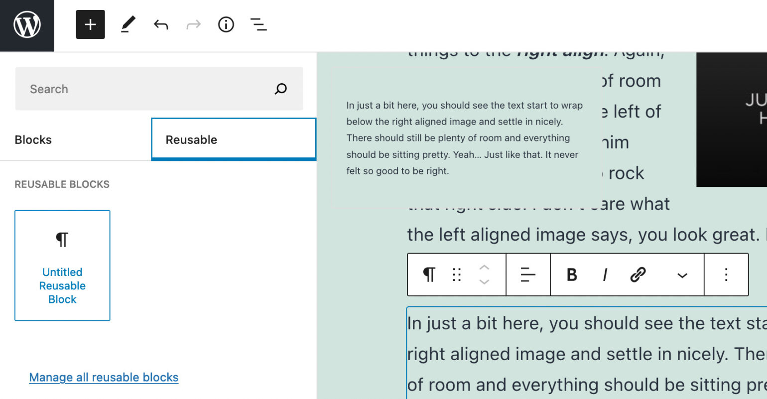 The Reusable Blocks sidebar