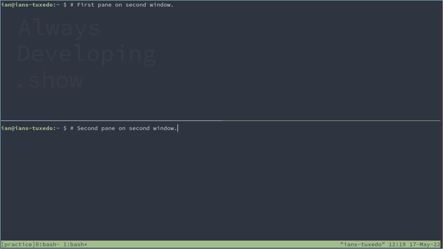 A view of tmux showing currently selected and previous windows.