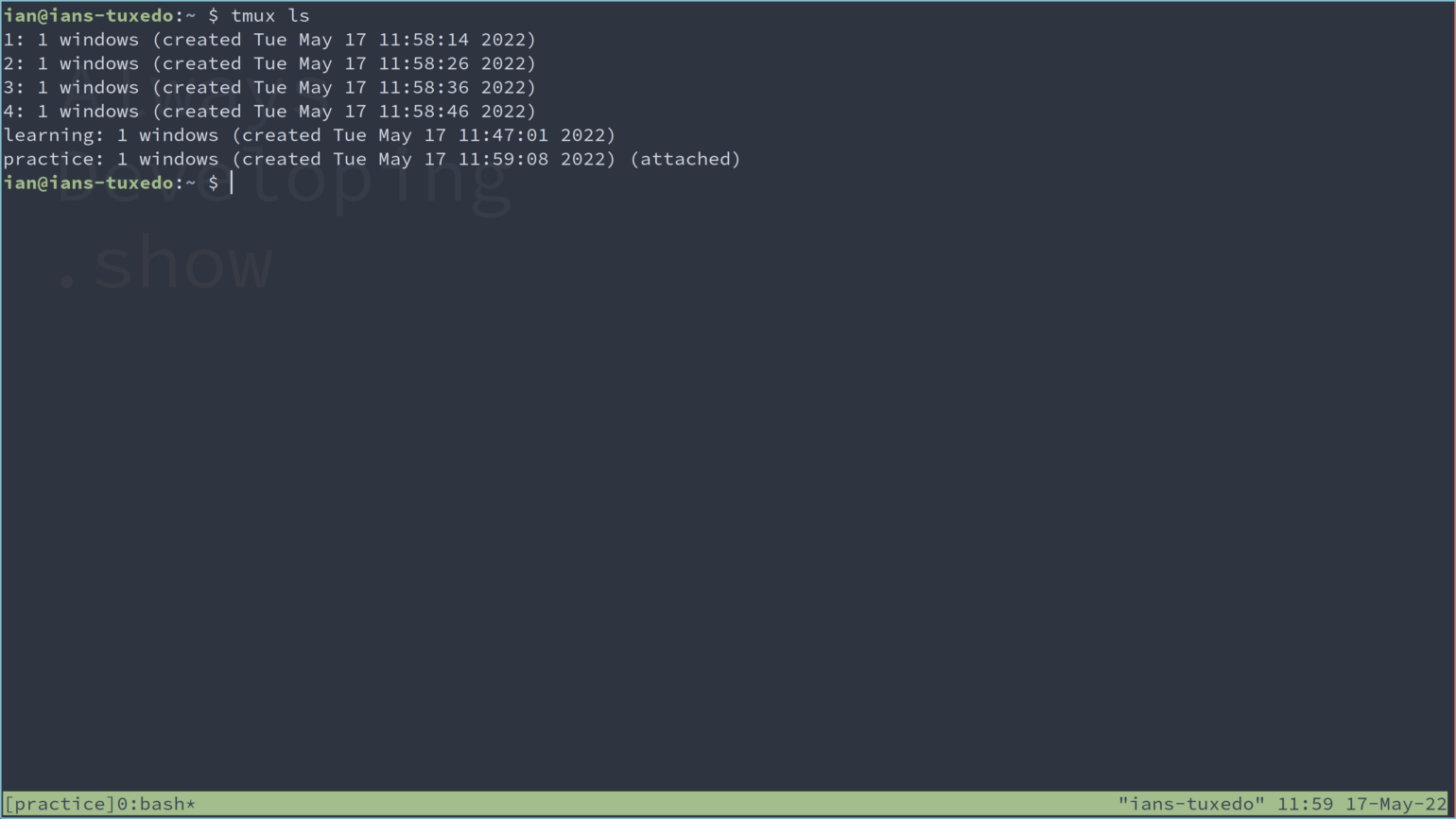 A view of the sessions in tmux.