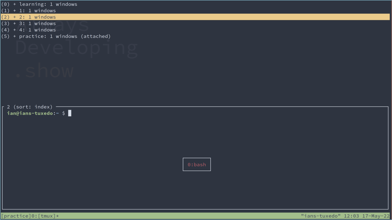 A view of tmux showing sessions and the number of windows in each session.