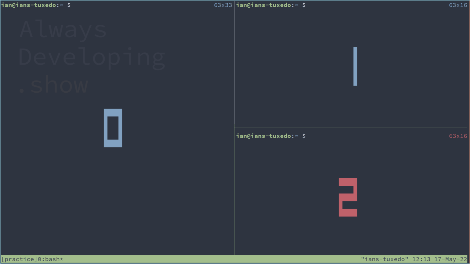 Three panes in tmux with pane numbers displayed.