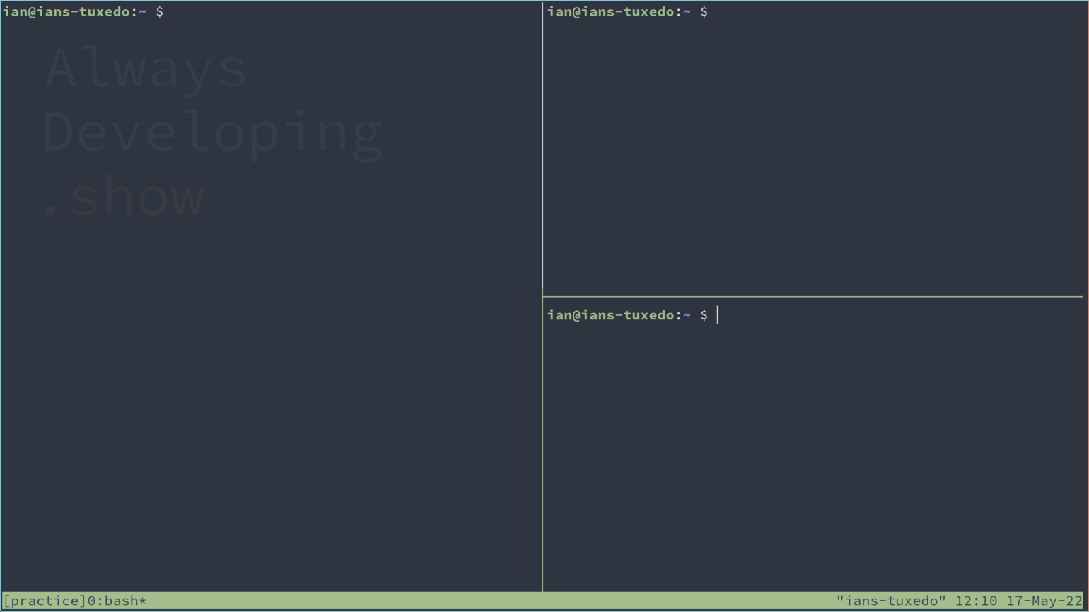 Further pane splitting in tmux, this time splitting the right-hand pane horizontally.