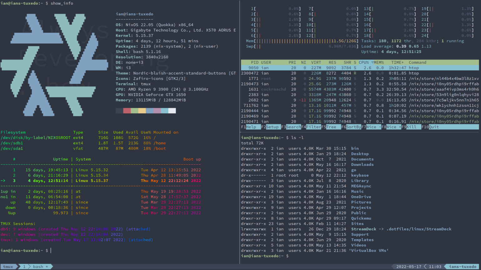 tmux with three panes.