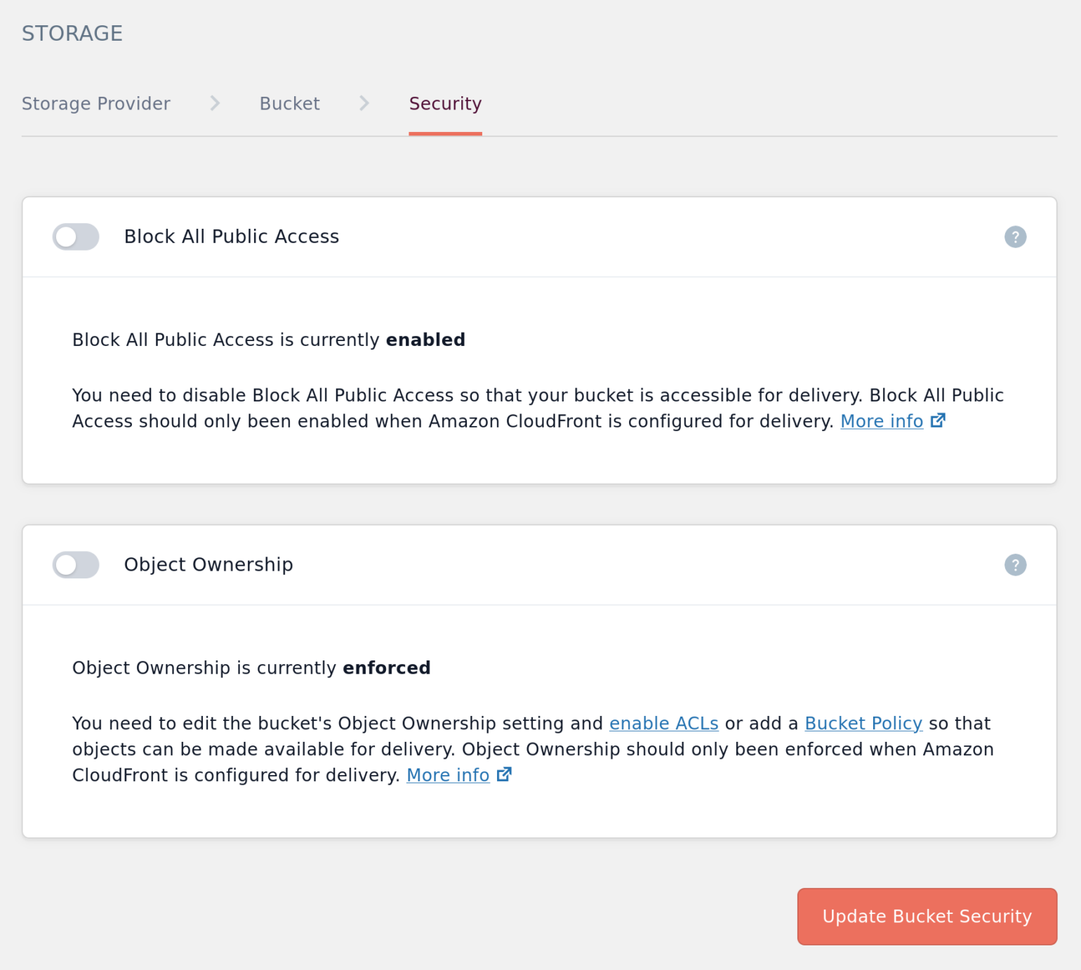 Bucket Security tab in WP Offload Media with both Block All Public Access and Object Ownership Enforcement turned off for the Amazon S3 bucket