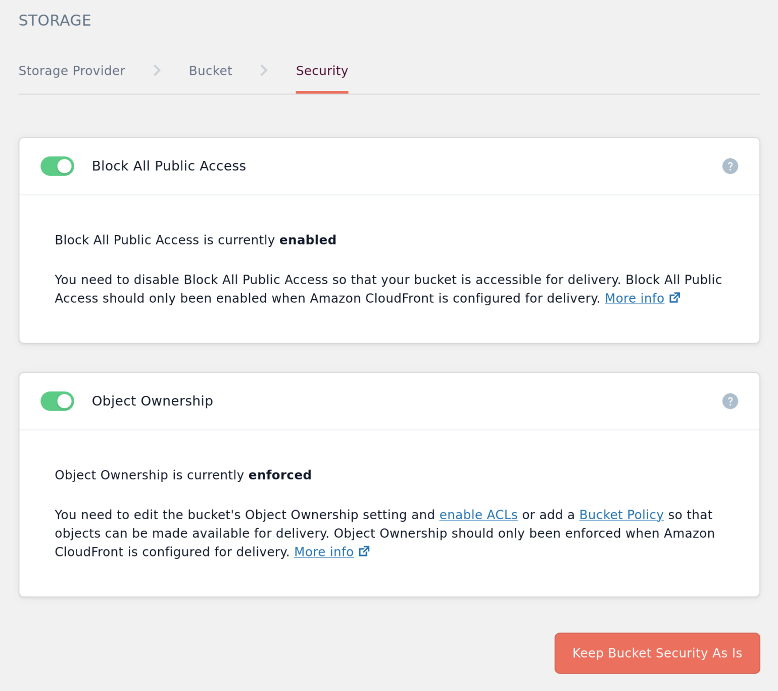 Bucket Security tab in WP Offload Media with both Block All Public Access and Object Ownership Enforcement turned on for the Amazon S3 bucket