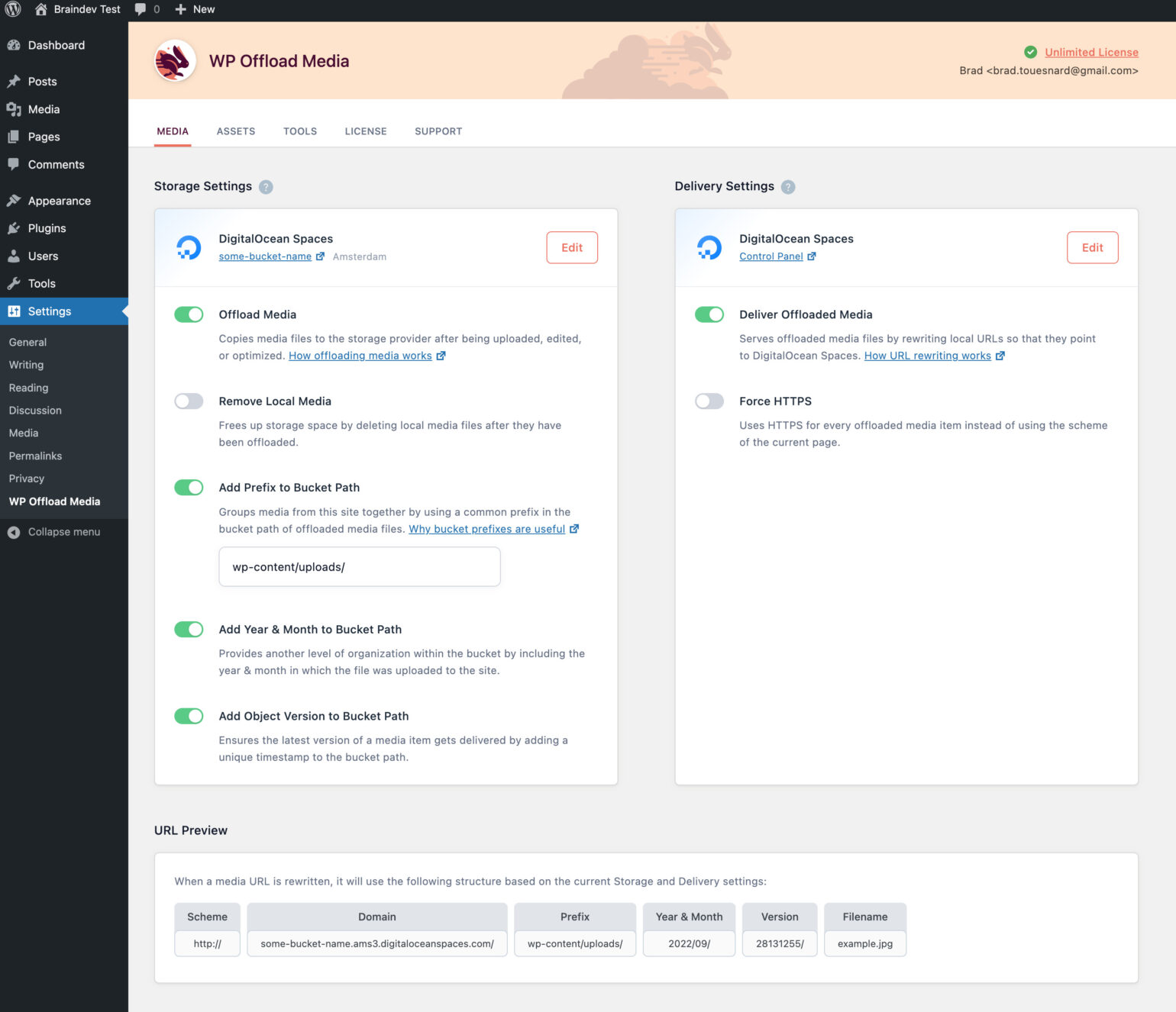 Default settings in WP Offload Media once configured for DigitalOcean Spaces