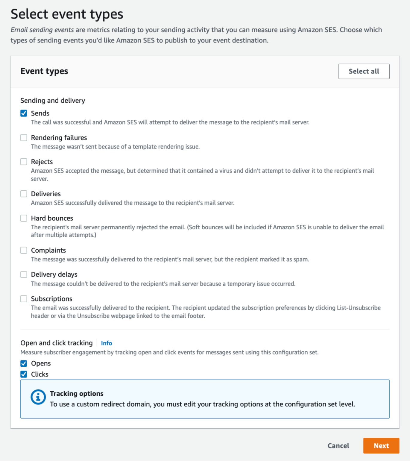 Selecting event types in Amazon CloudWatch.