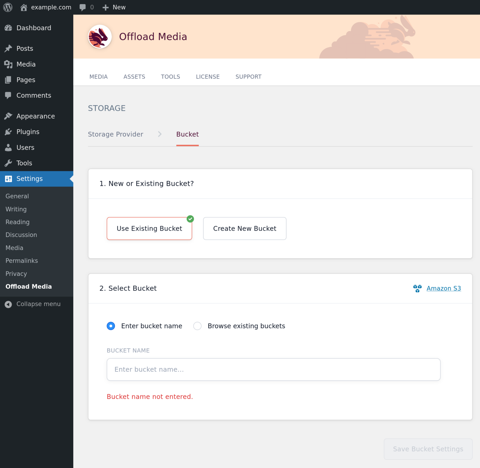 Enter Bucket for Amazon S3 in WP Offload Media