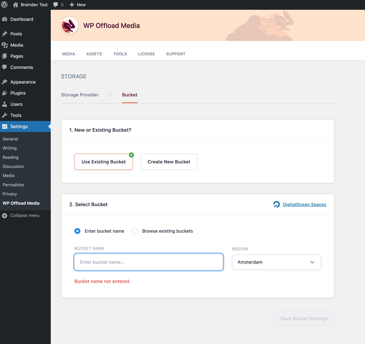 Enter Bucket for DigitalOcean Spaces in WP Offload Media