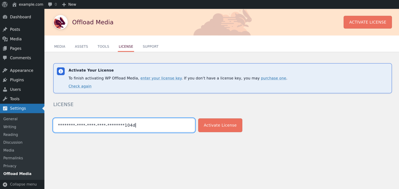 Enter license for WP Offload Media