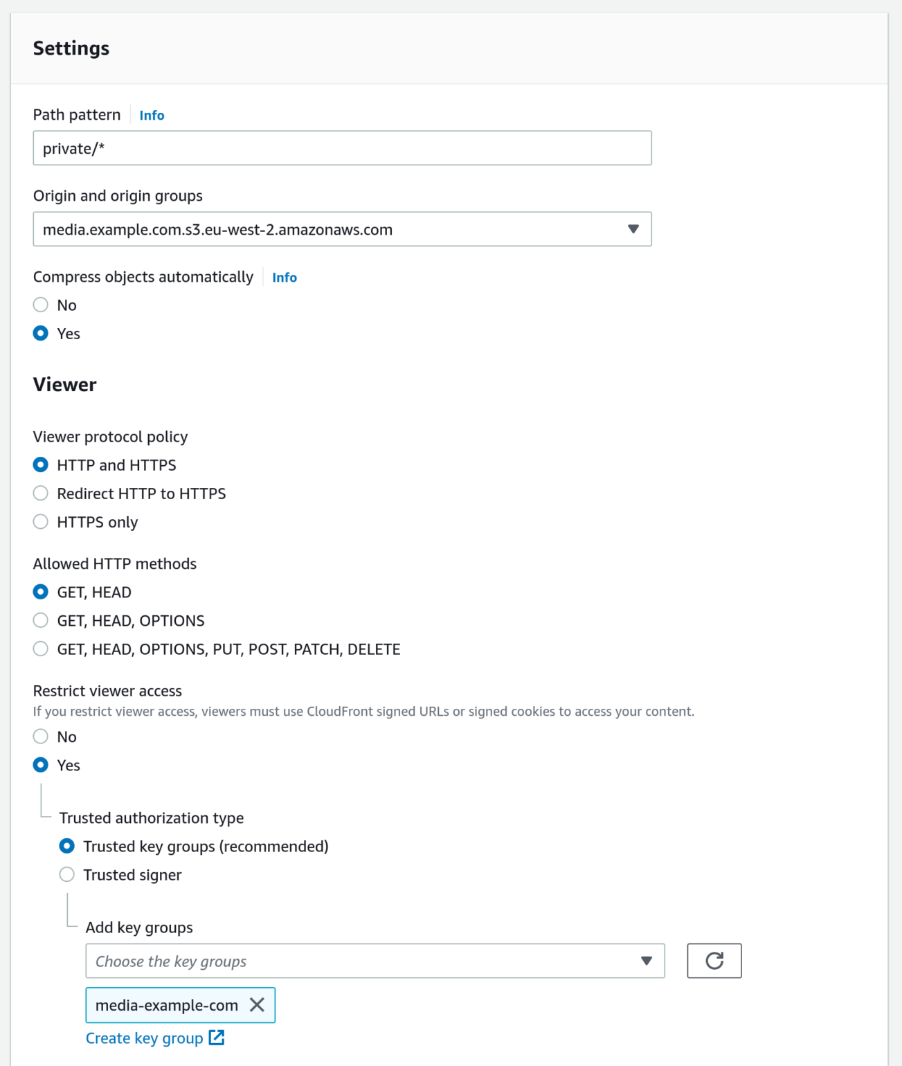 OME Signed CloudFront Setup - Create Behavior page with highlighted example data for private prefix