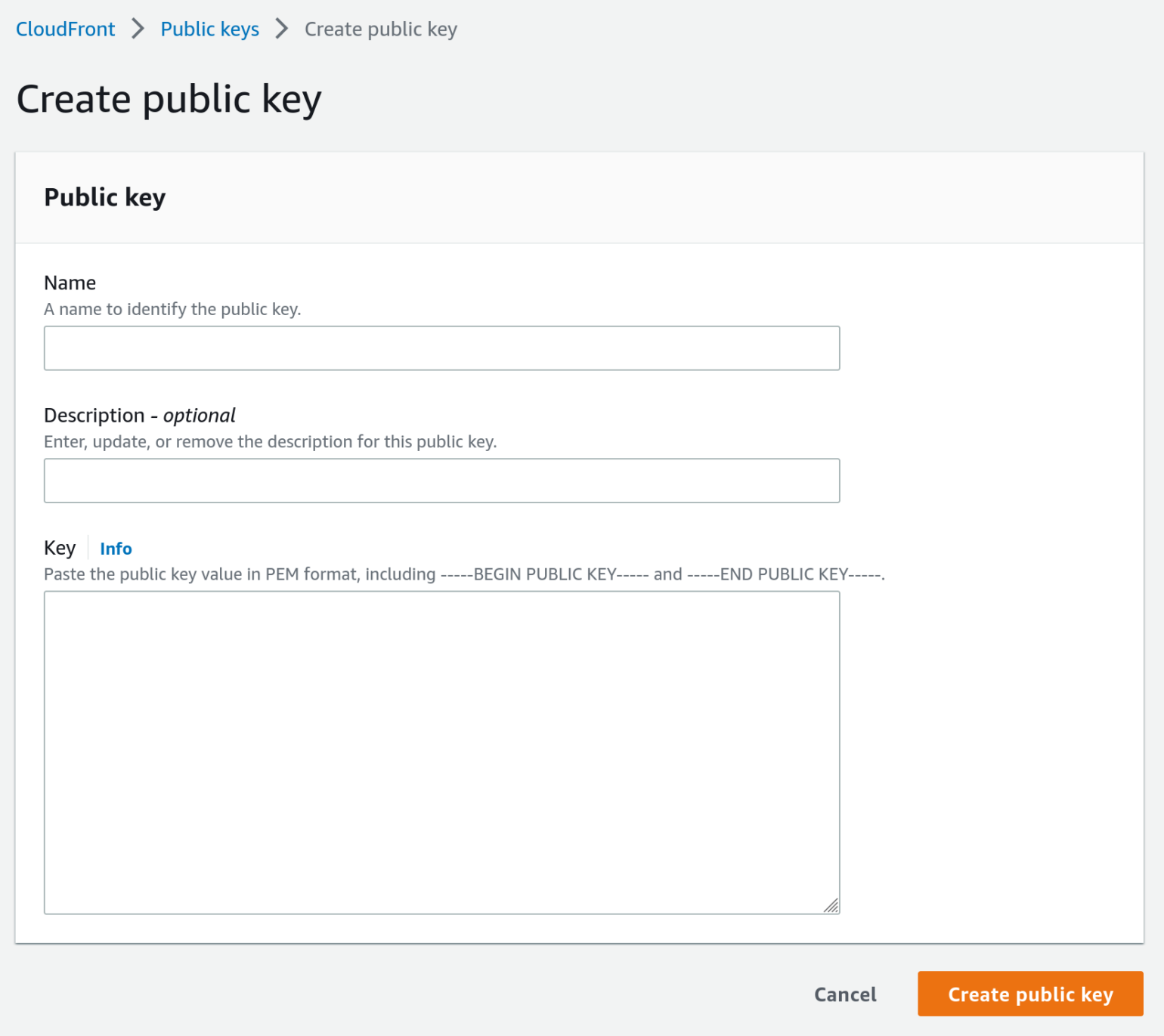 OME Signed CloudFront Setup - Screenshot of Amazon CloudFront Create public key page