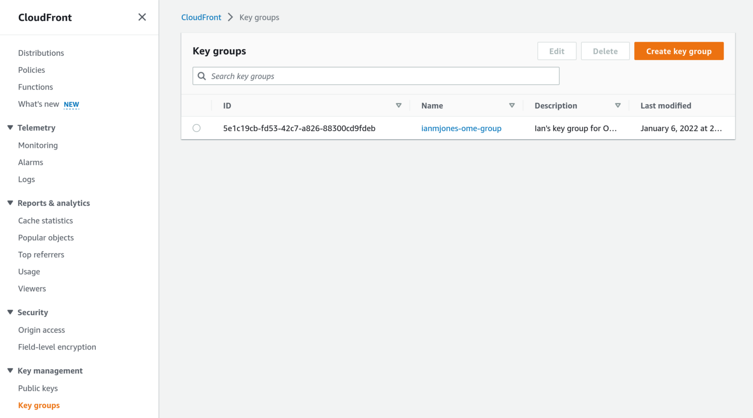 OME Signed CloudFront Setup - Screenshot of Amazon CloudFront Key Groups list page