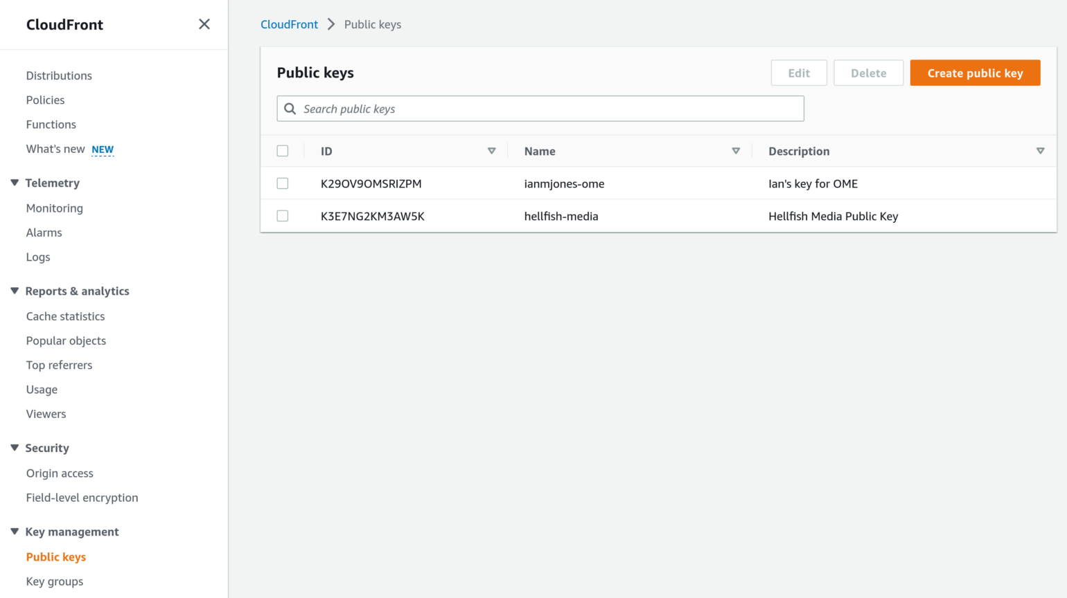 OME Signed CloudFront Setup - Screenshot of Amazon CloudFront Public Keys page