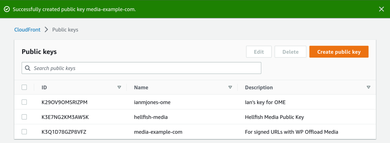 OME Signed CloudFront Setup - Screenshot of Amazon CloudFront Public Keys page with new public key