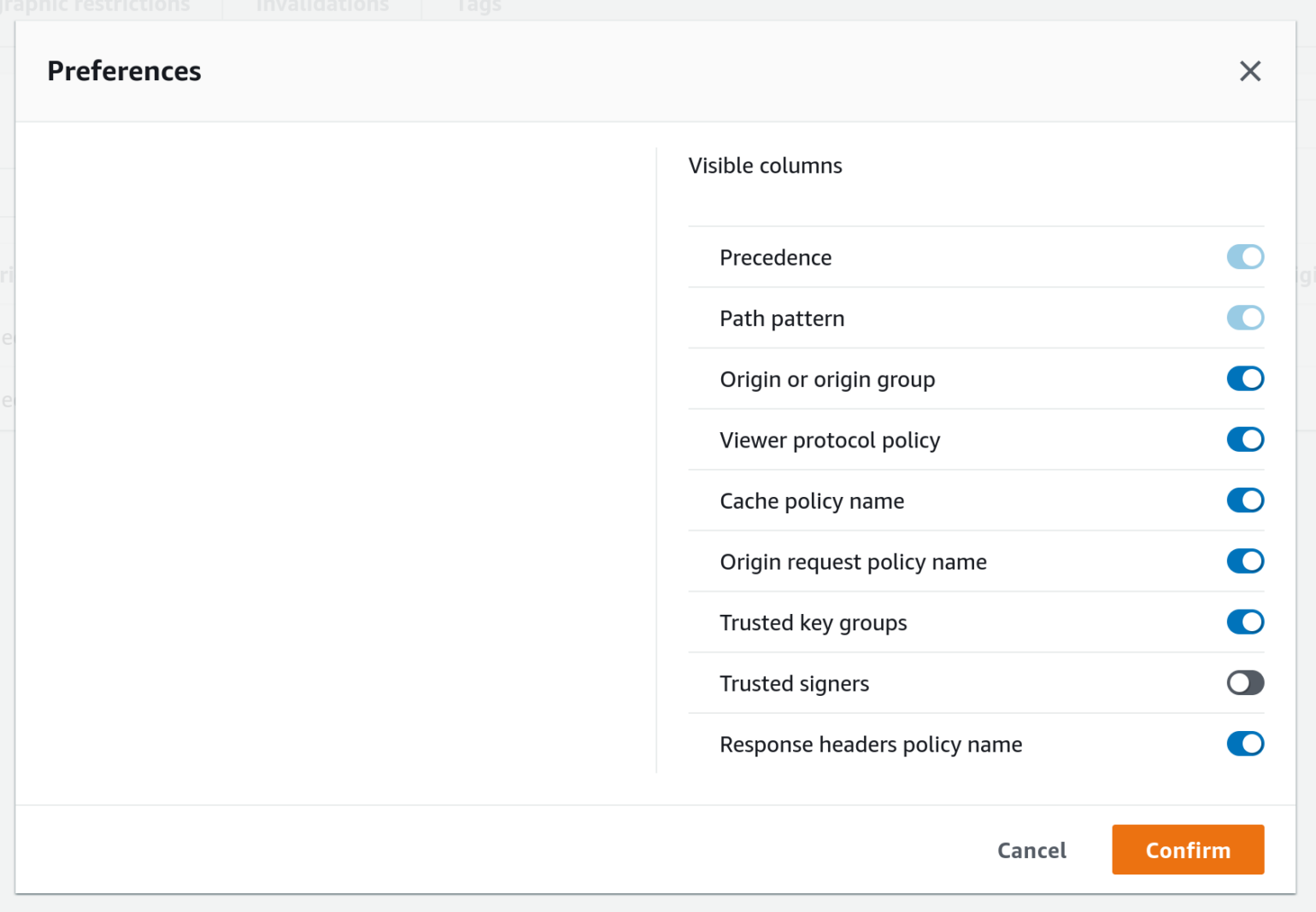 OME Signed CloudFront Setup - Screenshot of CloudFront distribution behaviors list preferences for changing visible columns