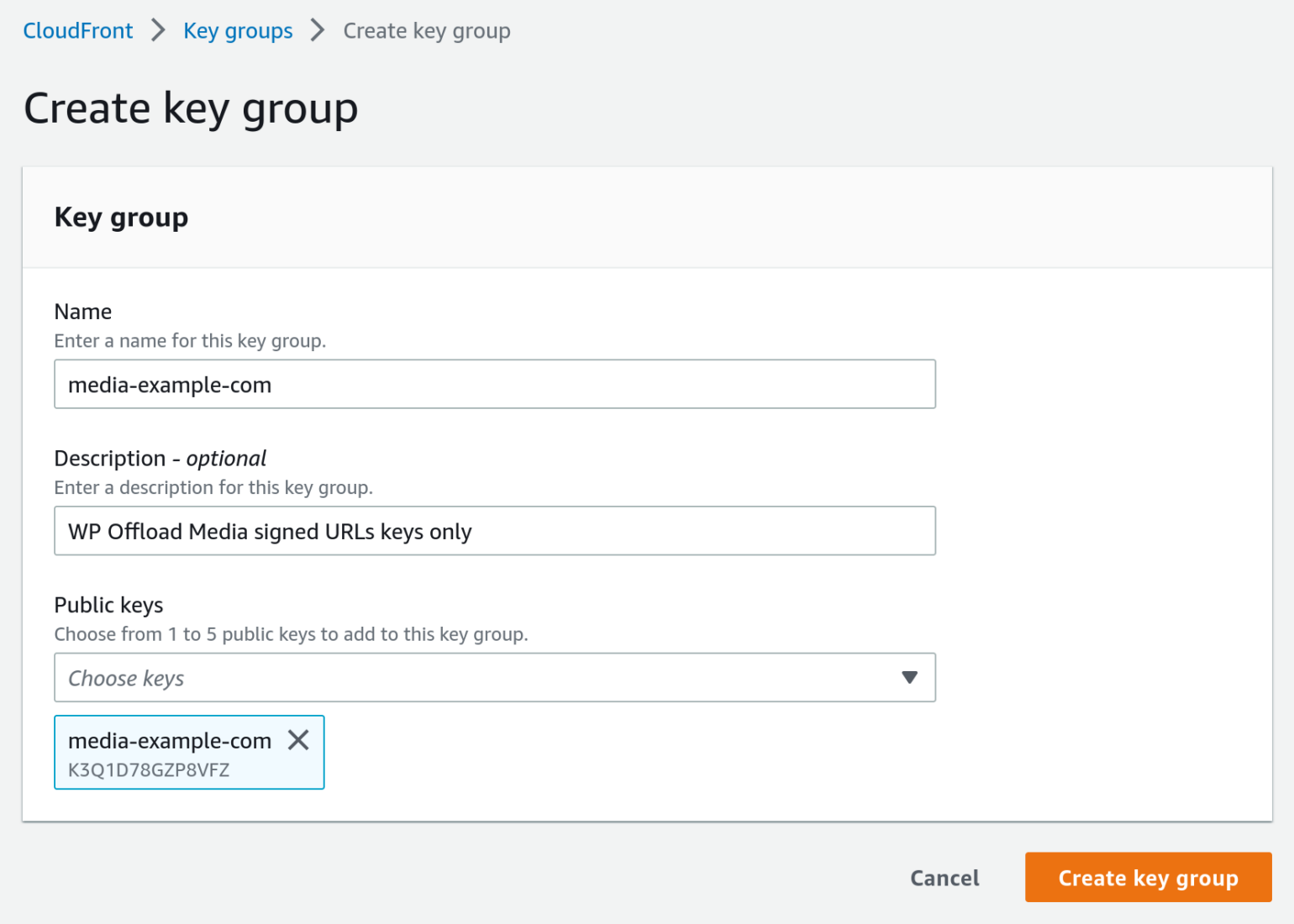 OME Signed CloudFront Setup - Screenshot of filled in Amazon CloudFront Create key group page