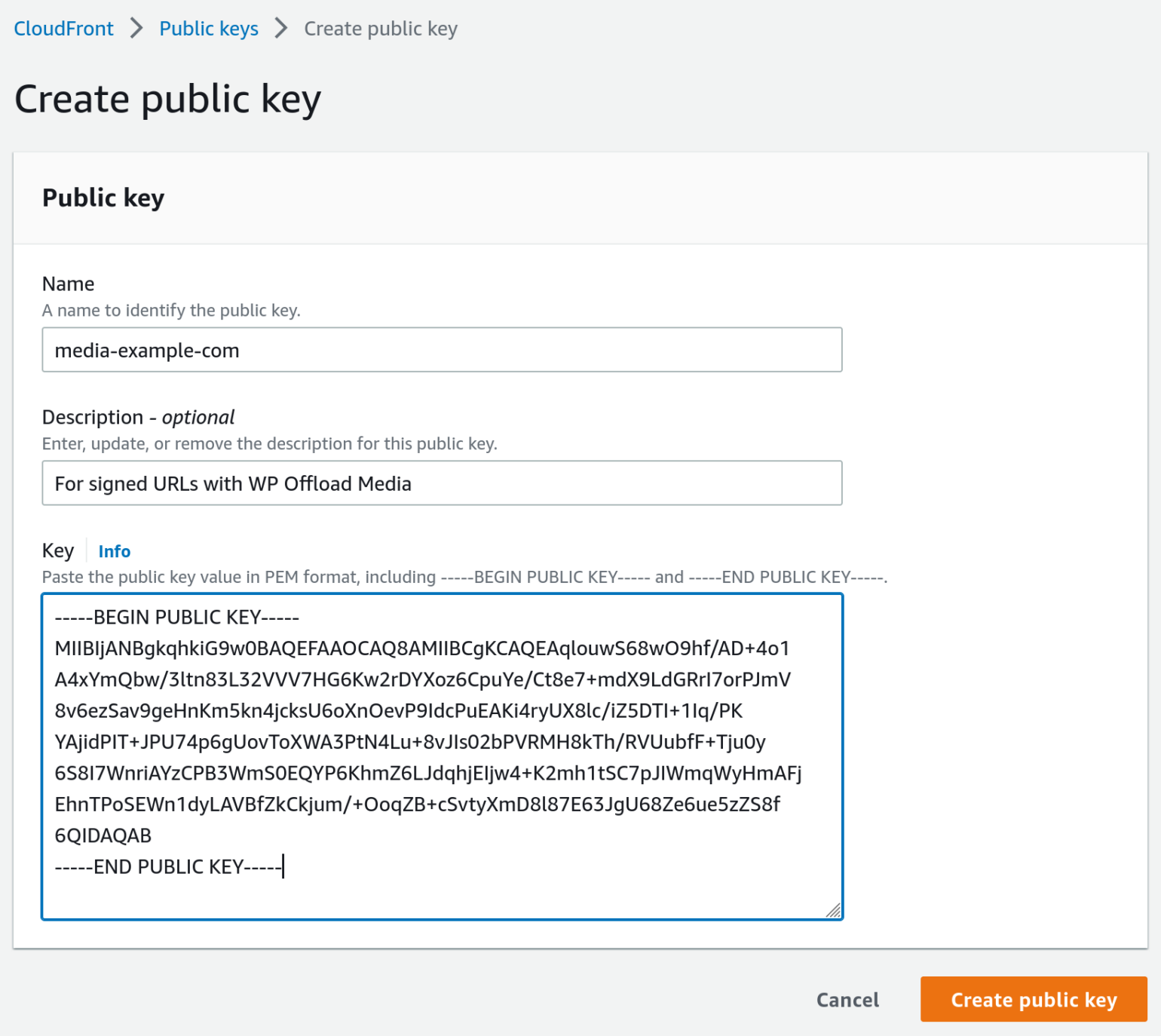 OME Signed CloudFront Setup - Screenshot of filled in Amazon CloudFront Create public key page