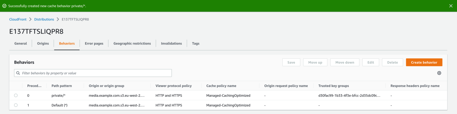 OME Signed CloudFront Setup - View Behaviors tab for custom domain CloudFront distribution with new Behavior