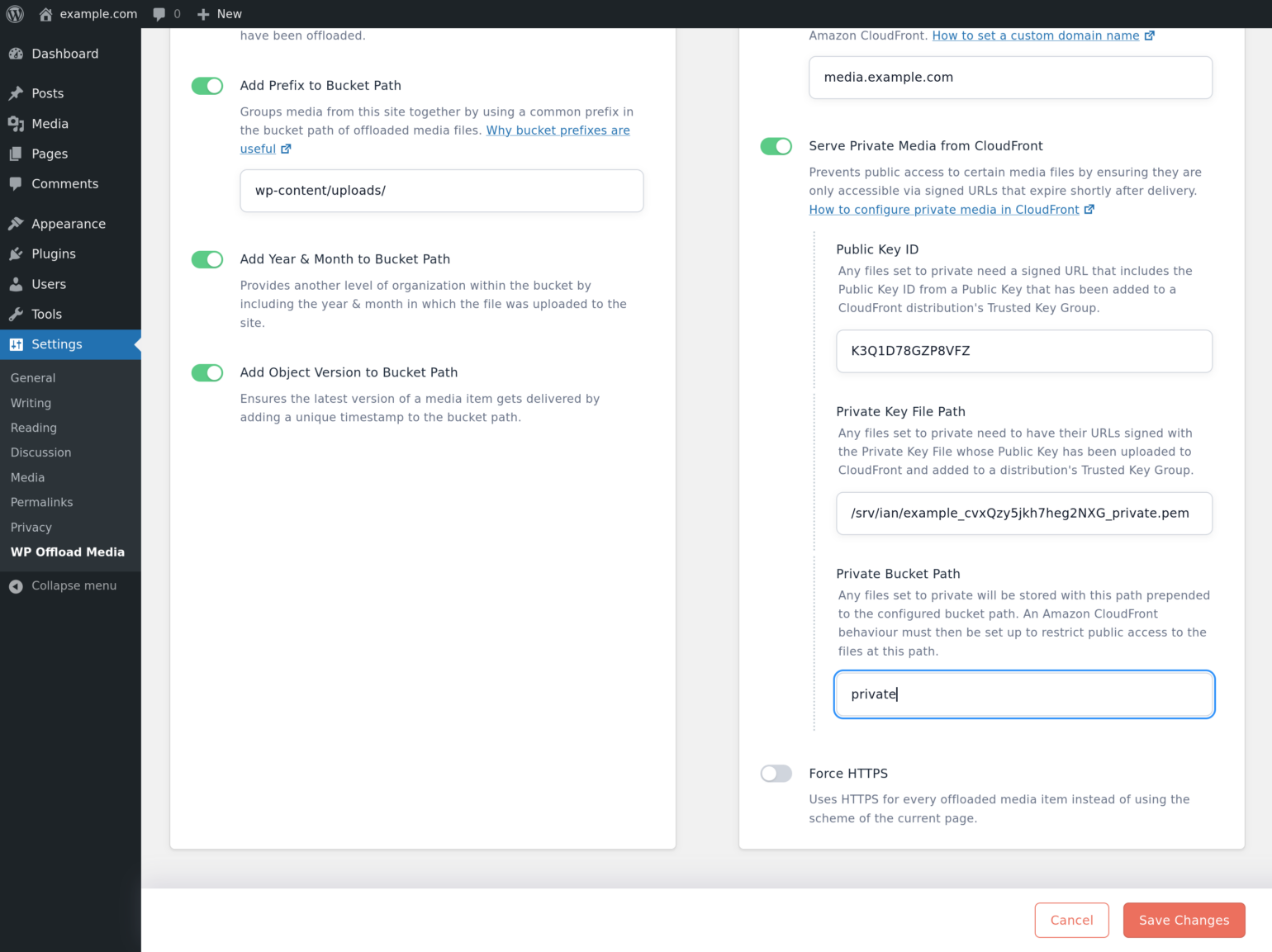 OME Signed CloudFront Setup - WP Offload Media settings with Serve Private Media from CloudFront settings entered