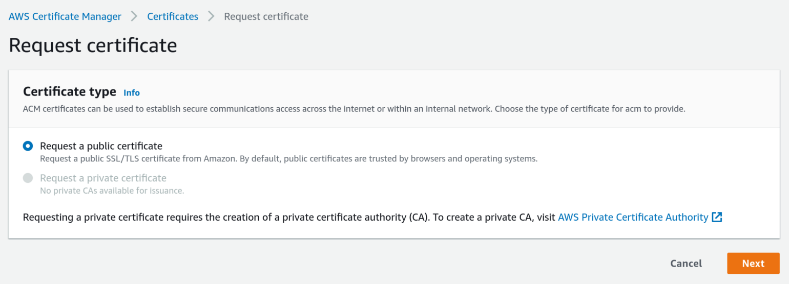 Screenshot of AWS Certificate Manager page giving choice of public or private certificate