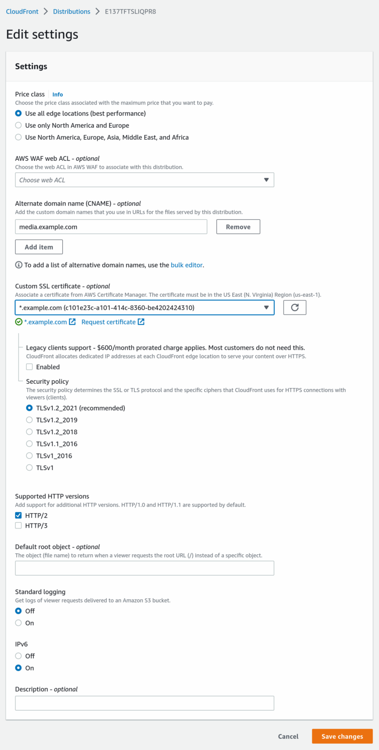 Screenshot of Amazon CloudFront Edit Settings page with custom domain and wildcard certificate entered